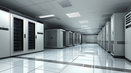 modern server racks in a high-tech data center, symbolizing network security, technology...