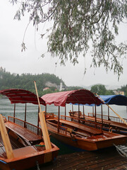 covered wood boats in a lake in Slovenia with trees and a castle in the background