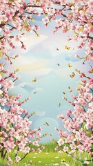 Spring floral frame with blooming cherry tree branches on pastel blue background with copy space