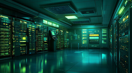 modern server racks in a high-tech data center, symbolizing network security, technology infrastructure, and efficient data management. A secure digital environment for cloud computing