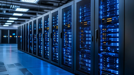 modern server racks in a high-tech data center, symbolizing network security, technology infrastructure, and efficient data management. A secure digital environment for cloud computing