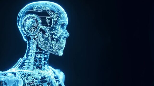 Radiograf&iacute;a de robot humanoide de inteligencia artificial con componentes electr&oacute;nicos y rasgos humanos en color az&uacute;l claro y fondo azul oscuro. 