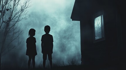 Obraz premium Silhouettes of Children in Foggy Night