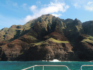Nepali Coastline in Kauai, Hawaii with the ocean from a boat