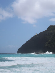 beach in Hawaii with cliffs and waves