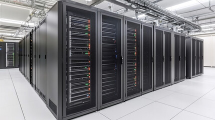 modern server racks in a high-tech data center, symbolizing network security, technology infrastructure, and efficient data management. A secure digital environment for cloud computing