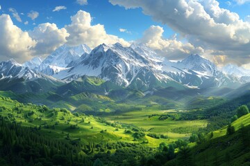 Obraz premium A breathtaking panorama of snow-capped peaks towering above a vast expanse of green valleys and forests
