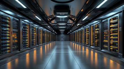 modern server racks in a high-tech data center, symbolizing network security, technology infrastructure, and efficient data management. A secure digital environment for cloud computing