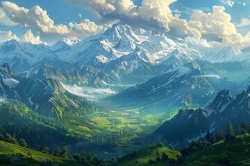 Fototapeta premium A mountain range with snow-capped peaks and a valley in between