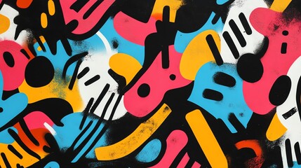 Abstract colorful graffiti pattern on black background.