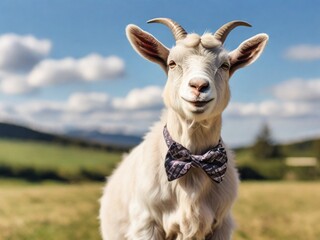 Fototapeta premium A cute goat wearing a dapper bow tie, standing in a sunny field, looking curious and ready for a playful day.