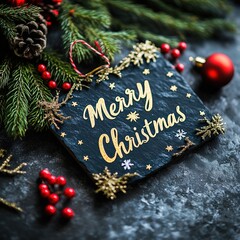 Merry Christmas Text with Red and Green Foliage on Black