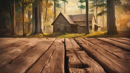 Obraz premium Image of front rustic wood boards and background of trees in forest. image is retro toned
