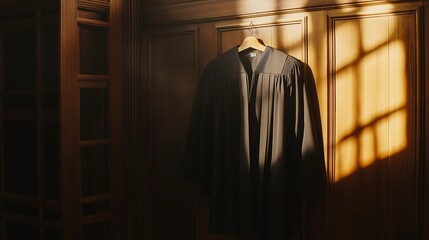 Naklejka premium black judge's robe hanging on a coat rack in the judge's chambers