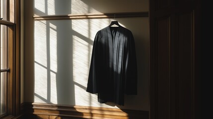 Naklejka premium black judge's robe hanging on a coat rack in the judge's chambers