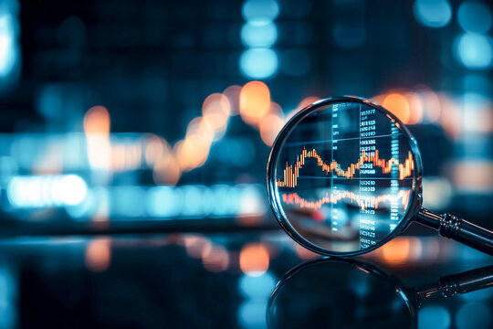 magnifying glass focused on a stock market graphs with blurry market business background