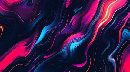 Abstract liquid background with bright pink, blue and yellow streaks on a black background.