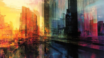 Naklejka premium Digital Cityscape with Abstract Buildings and Reflections