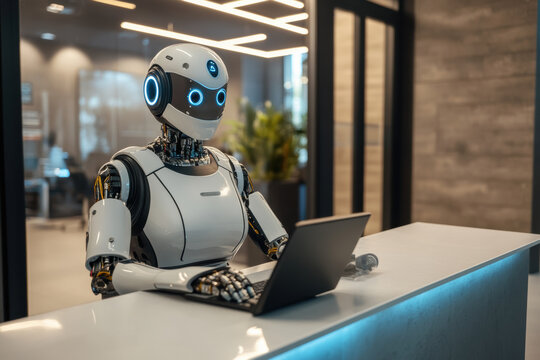 An image of a humanoid robot sitting at a desk, working on a laptop in a modern office setting. AI robot replacing human at work