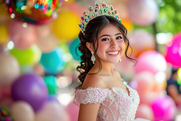 A young girl is celebrating her quinceanera, wearing an embellished pink gown and a colorful jeweled crown. 