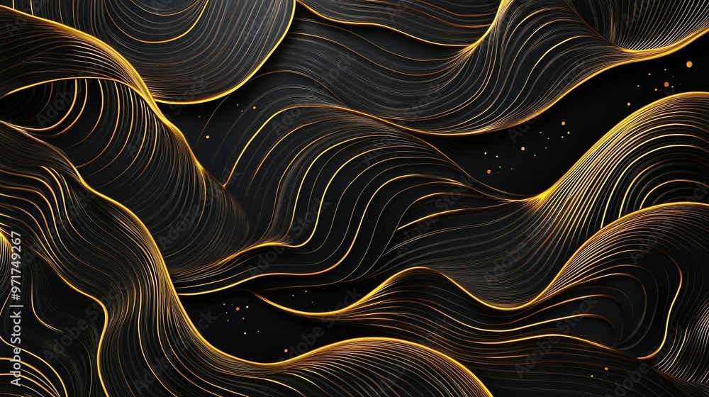 Poster abstract background with golden lines flowing over a black surface.