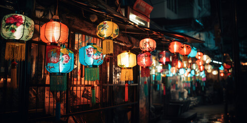 Colorful lanterns hanging from building