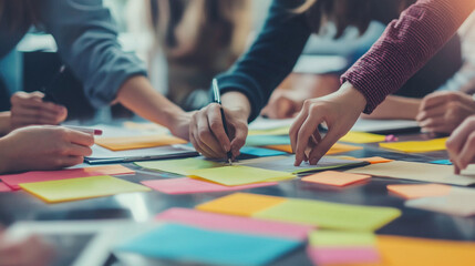 collaborative team working together around a table, hands visible, using sticky notes to brainstorm ideas. The scene emphasizes teamwork, creativity, and problem-solving