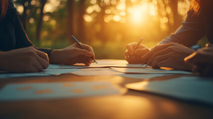 collaborative team working together around a table, hands visible, using sticky notes to brainstorm ideas. The scene emphasizes teamwork, creativity, and problem-solving