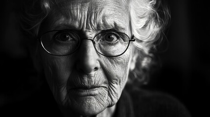 Close-up black and white portrait of an elderly woman wearing glasses and looking at the camera.