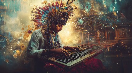 A Man Playing a Keyboard in a Surreal Setting