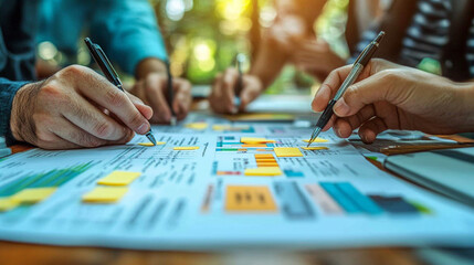 collaborative team working together around a table, hands visible, using sticky notes to brainstorm ideas. The scene emphasizes teamwork, creativity, and problem-solving