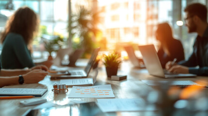 collaborative team working together around a table, hands visible, using sticky notes to brainstorm ideas. The scene emphasizes teamwork, creativity, and problem-solving