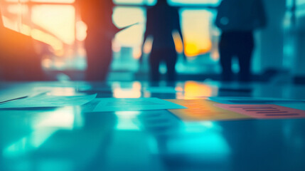 collaborative team working together around a table, hands visible, using sticky notes to brainstorm ideas. The scene emphasizes teamwork, creativity, and problem-solving
