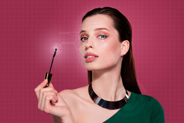 Obraz premium Composite photo collage of girl hold mascara brush eyeball robotic scan visage cyber isolated on painted background