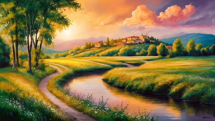 Obraz premium Summer landscape painting - oil paints on acrylics