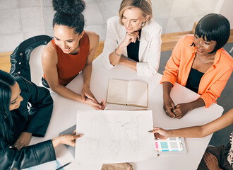 Teamwork, sketch and fashion with women in design agency for trend forecast, textile pattern or creative director. Above, production stylist or project management with people for branding identity