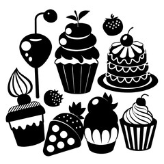 Various silhouette desserts are artistically arranged showcasing cupcakes ice cream cones and cakes against a creative art scale design inviting sweetness