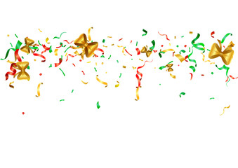 Abstract colorful confetti and golden bows background. Isolated on the white backdrop. Vector holiday illustration.