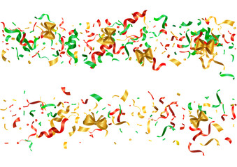 Abstract colorful confetti and golden bows background. Isolated on the white backdrop. Vector holiday illustration.