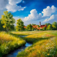Obraz premium Summer landscape painting - oil paints on acrylics