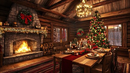 Obraz premium Rustic Christmas Cabin Interior with Fireplace and Decorated Tree for Holiday Celebration