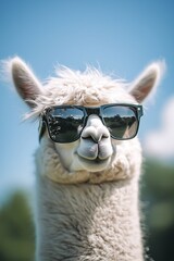 Obraz premium Photo from alpaca in sunglasses at summer. Palms in the background. 