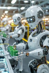 Fototapeta premium A futuristic robotic factory producing ecofriendly products, symbolizing innovation, creativity, and growth, photorealistic, bright lighting, 8k