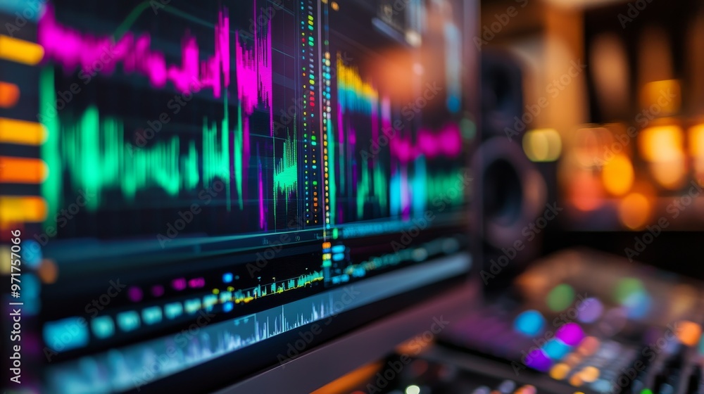 Poster a closeup view of a computer monitor reveals vibrant audio waveforms and various tracks as a digital