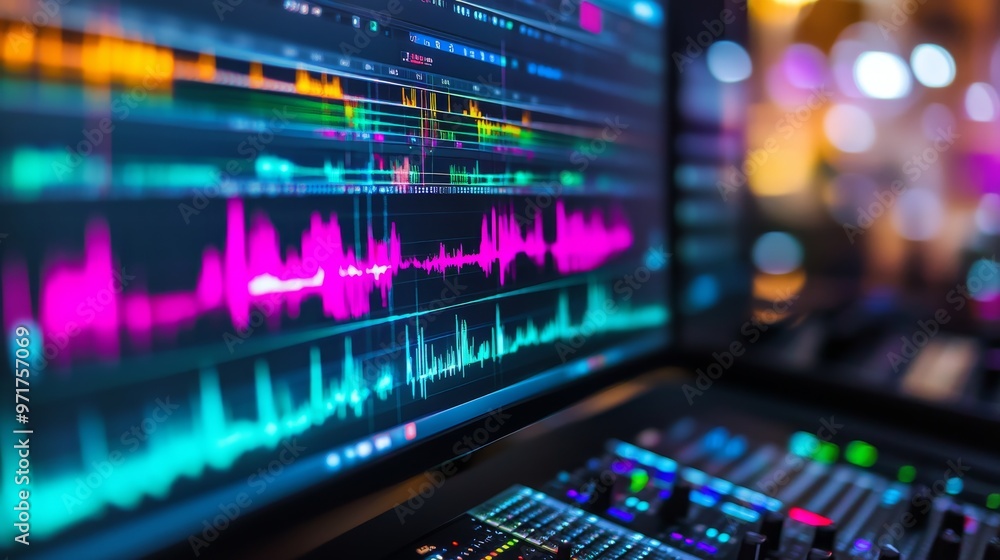 Poster colorful waveforms and numerous audio tracks appear on a computer monitor, showcasing the intricate 