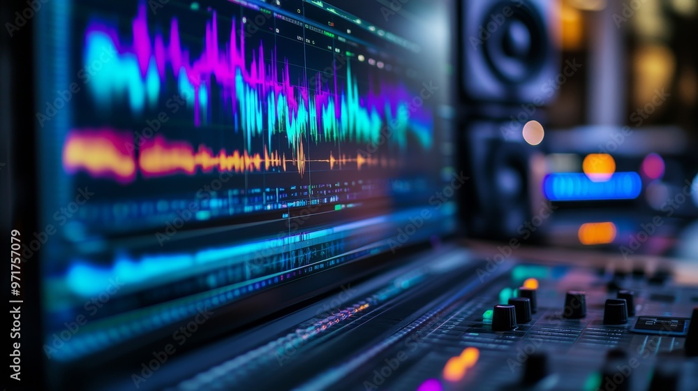 Poster a colorful display of audio waveforms and multiple tracks appears on a computer monitor, reflecting 