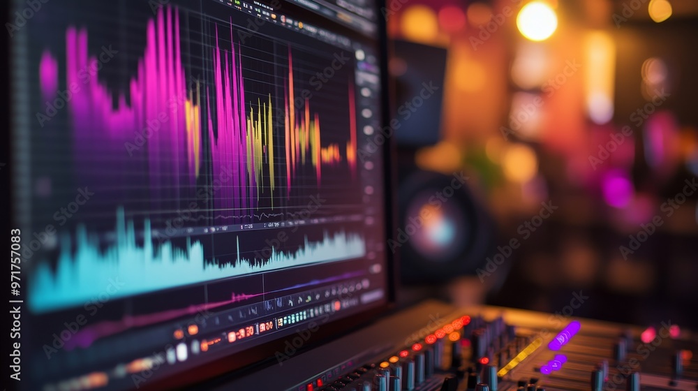 Poster a close-up of a computer monitor reveals colorful waveforms and various audio tracks, highlighting t