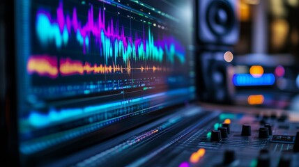 A colorful display of audio waveforms and multiple tracks appears on a computer monitor, reflecting a busy digital audio mixing environment in an audio studio