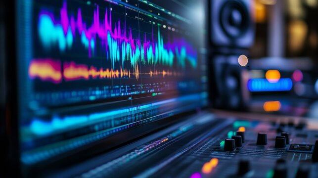 A colorful display of audio waveforms and multiple tracks appears on a computer monitor, reflecting a busy digital audio mixing environment in an audio studio