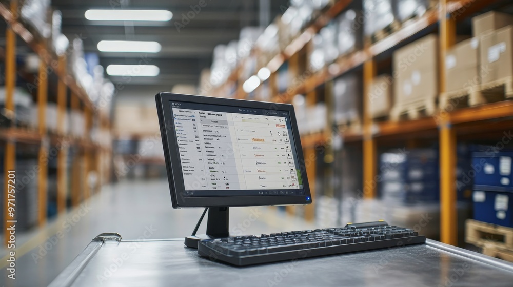 Poster a computer monitor showcases an inventory management system on a metal table in a spacious warehouse